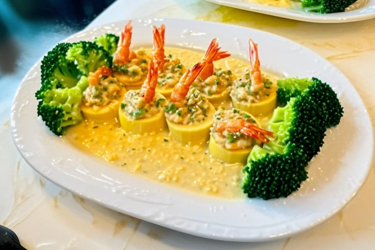 Steamed Gold Coin Tofu with Prawn Fillin